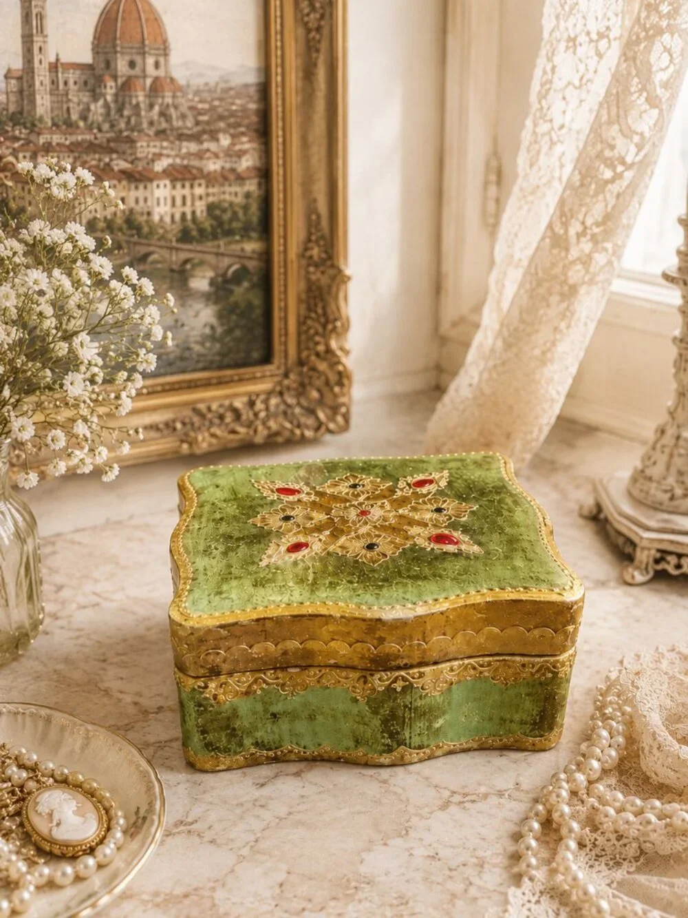 Vintage Italian Florentine Gold Leaf Gilt Hand-Painted Carved Wooden Jewelry Box